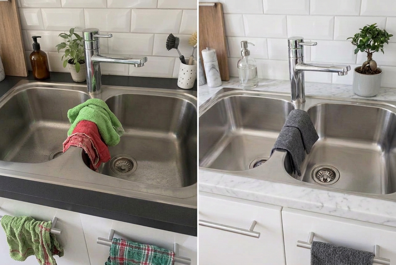 Färgglada disktrasor jämfört med mörkgrå Clean Kitch-disktrasor i samma kök